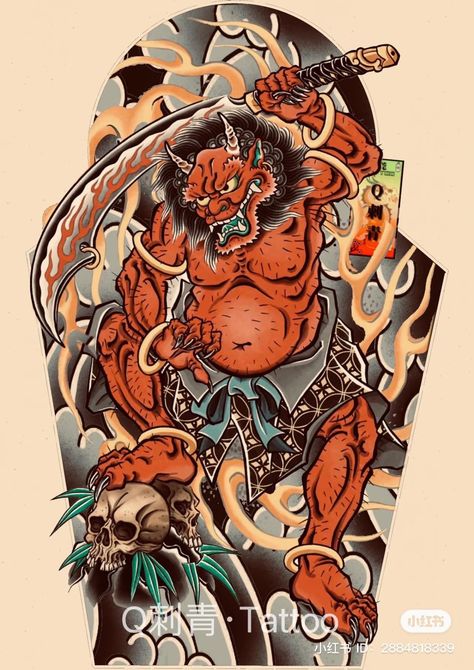 Japanese Demon Tattoo, Traditional Japanese Tattoo Flash, Geisha Tattoo Design, Traditional Japanese Tattoo Designs, Dragon Tattoo Art, Samurai Tattoo Design, Japanese Oni, Buddha Art Drawing, Demon Tattoo