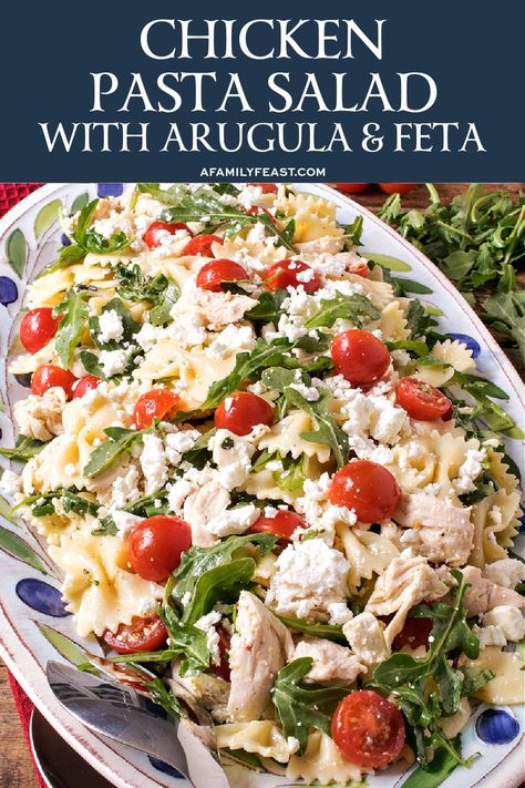 Chicken Pasta Salad with Arugula and Feta Pasta Salad With Arugula, Chicken Bowtie Pasta, Bow Tie Pasta Recipe, Arugula Pasta, Bowtie Pasta Salad, Salad Spinach, Feta Pasta Salad, Lemon Chicken Pasta, Feta Chicken