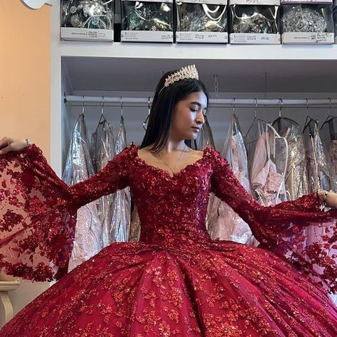 Sarah's Couture on Instagram: "Love at first sight😍  Shop @sarahsdresses for all of your quince need 🛍  #quinceaneradresses #SARAHSCOUTURE #crown #reddress #elegant" Red 15 Dresses Quinceanera Long Sleeve, Burgundy Quinceanera Dresses Long Sleeve, Burgundy Dress Quinceanera, Dark Red Quince Dress With Sleeves, Quince Dress Sleeves, Maroon Quince Dresses, Wine Red Quinceanera Dresses, Red 15 Dresses Quinceanera, Burgundy Quince Dresses