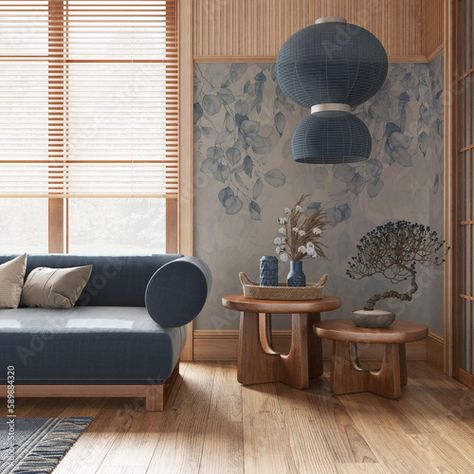 Stock Image: Japanese living room with wallpaper and wooden walls in blue and beige tones. Parquet floor, fabric sofa, carpets and decors. Minimal japandi interior design Living Room With Wallpaper, Room With Wallpaper, Living Room Design Blue, Japandi Living Room Design, Aesthetic Entrance, Japanese Living, Japanese Living Room, Aesthetic Door, Door Aesthetic