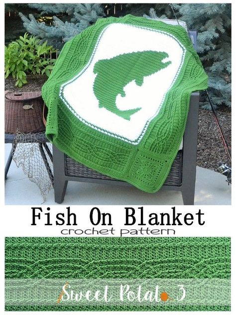 The Fish On crochet Blanket pattern is a true work of art that any fisherman or outdoor enthusiast would love. Make it is sections and sew together using whatever color inspires you will make this a personal favorite.  #CrochetPattern #SweetPotato3 #FishOn #CrochetBlanket #Crochet #Fish #Fisherman #CrochetCables Fair Isle Crochet, Outdoorsman Gifts, Fish Silhouette, Crochet Fish, Decorative Throws Blanket, Blanket Crochet Pattern, Crochet Blanket Afghan, Crochet Mouse, Crochet Ear Warmer