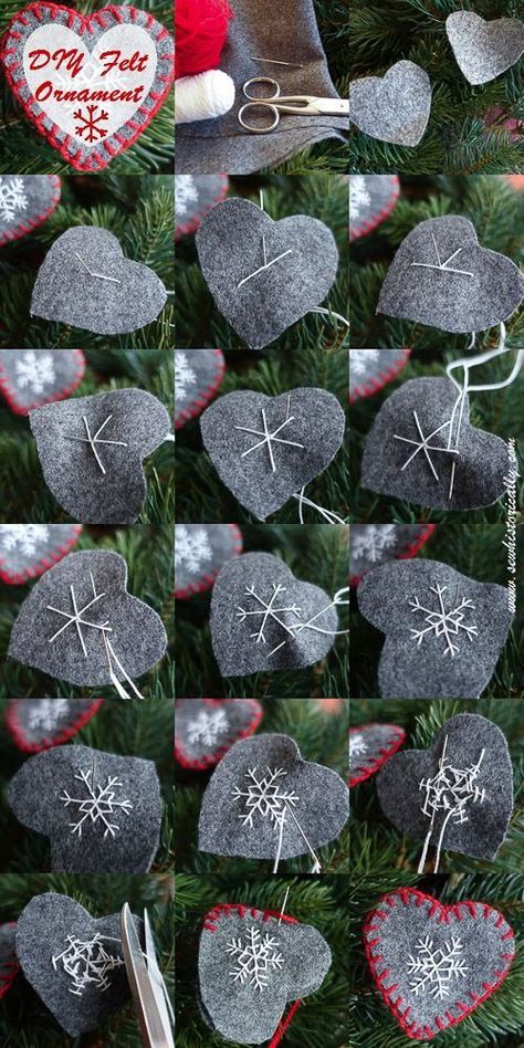 Felt Heart Ornaments, Ornament Inspiration, Felt Ornaments Diy, Diy Felt Christmas Ornaments, Felt Crafts Christmas, Felt Christmas Decorations, Diy Felt, Ornament Tutorial, Felt Heart