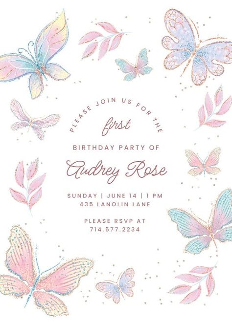 Shiny Butterflies - Birthday Invitation Template (Free) | Greetings Island Butterfly Invitation Template, Baby Birthday Party Invitations, Butterfly Birthday Party Invitations, Butterfly 1st Birthday, Butterfly Themed Birthday Party, Butterfly Invitation, Birthday Invitation Design, 1st Birthday Invitation Template, Butterfly Invitations