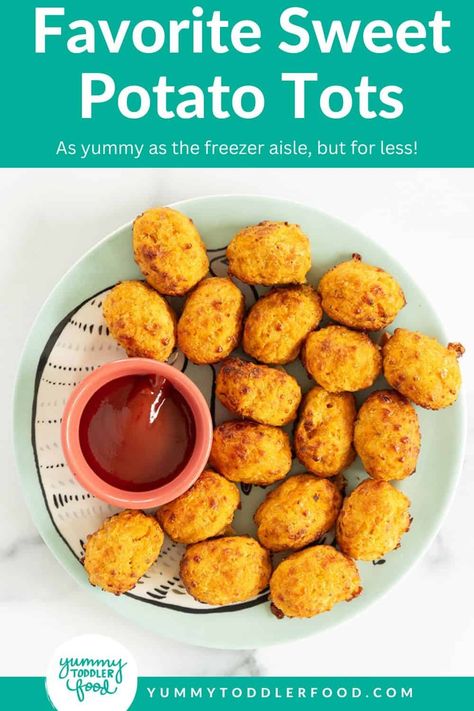 Favorite Sweet Potato Tots Potato Recipe For Toddler, Sweet Potato Tater Tots, Sweet Potato Baby Food, Sweet Potato Tots, Raw Sweet Potato, Potato Tots, Easy Toddler Meals, Easy Baby Food Recipes, Crispy Sweet Potato