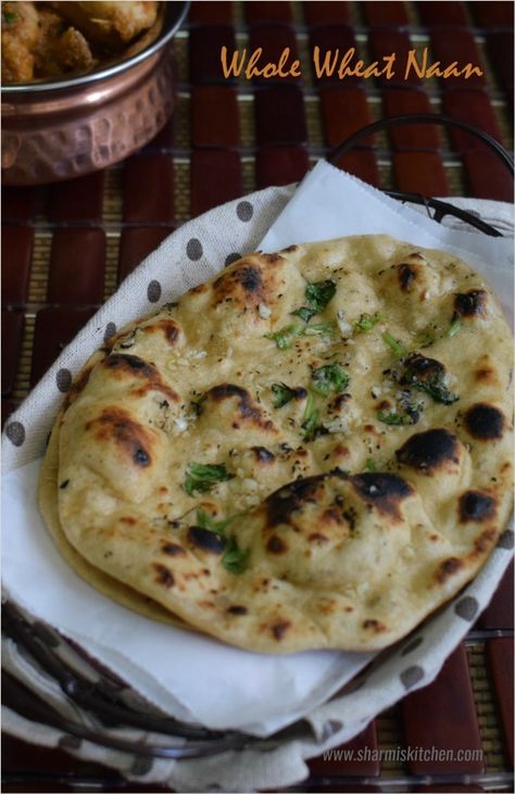 Whole Wheat Naan Naan Recipe Without Yeast, Whole Wheat Naan, Garlic Naan Recipe, Healthier Me, Wheat Recipes, Flat Breads, Garlic Naan, Naan Recipe, Indian Bread