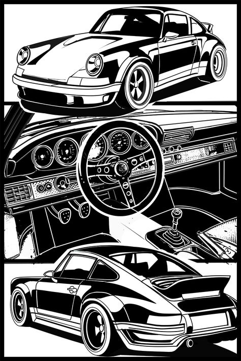 Hand drawn Porsche 911 Black And White Cars Aesthetic, Black And White Car Art, Black And White Car Poster, Black And White Aesthetic Car, Aesthetic Black And White Posters, Car Posters Design, Cars Black And White, Car Graphic Design, Car Graffiti