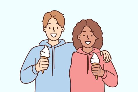 Man And Woman Embrace, Ice Cream Illustration, Interracial Couple, Happy Man, Eating Ice, Hugging Couple, Eating Ice Cream, Romantic Date, Interracial Couples