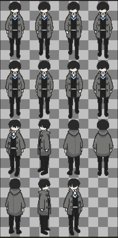 Main character design of our upcoming detective indie game. Credit: Oliver Cui Cyberpunk Computer Room, Game Dev Inspiration, Pixel Art Game Concept, Rpg Maker Sprites Character, Detective Design Character, Pixel Rpg Characters, 32 Bit Character, Pixel Art Styles Inspiration, Indie Game Design