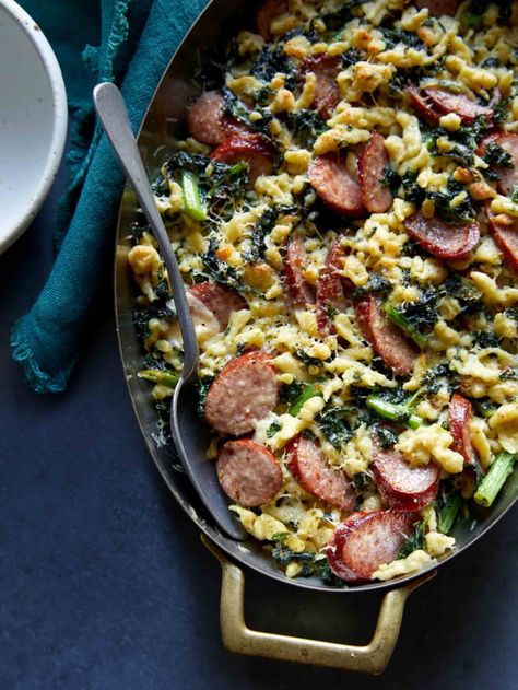 Sausage Kale and Spätzle Pesto Bake - Spoon Fork Bacon Pesto Bake, Sausage Kale, Spoon Fork Bacon, German Sausage, Sauteed Kale, Sausage Pasta, Pesto Recipe, Pasta Noodles, Spoon Fork