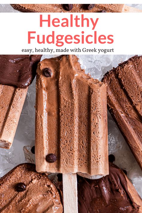 Healthy Fudgesicles, Vegan Fudgesicles, Protein Popsicles, Fudge Popsicles, Dairy Free Fudge, Chocolate Popsicles, Fudge Pops, Yogurt Popsicles, Chocolate Yogurt