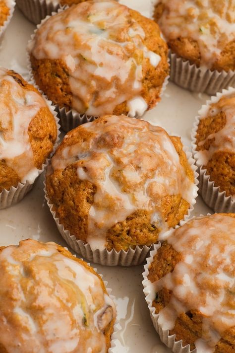 These moist Carrot Zucchini Muffins with a sweet glaze are the perfect treat for fall snacks, breakfast or dessert-made with grated zucchini. Carrot And Zucchini Muffins, Zucchini Muffin, Carrot Zucchini Muffins, Carrot Muffins, Brunch Spread, Fall Snacks, Zucchini Muffins, Baked Brie, Baking Flour