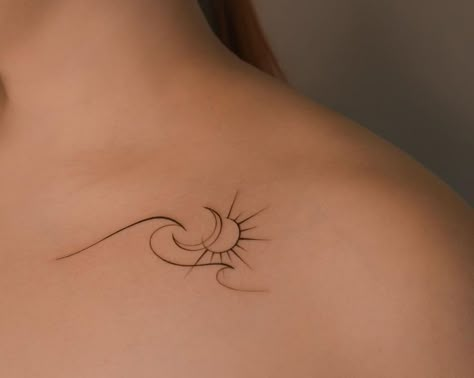 Sun Moon Stars Waves Tattoo, Sun Moon And Ocean Tattoo, Sleeve Tattoos Japanese, Tattoo Ideas Minimalist, Tattoo Sonne, Tattoos Japanese, Tattoos Watercolor, Tiny Tattoos For Women, Tattoos Traditional