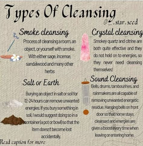 There are many MANY ways to go about cleansing; however, not every method is suitable for every application. For example, using water to cleanse a delicate crystal could result in the crystal being damaged.  Some more other ways of cleansing are : ♦ Water Cleansing- There are many ways to cleanse with water. Bathing, washing an object, or letting something soak are all excellent ways to remove unwanted energies. Another option is to fill a spray bottle with charged water and mist a room with it.  ♦ Moonlight and sunlight- Moonlight and sunlight can be used to both cleanse and charge objects depending on your intent. Often in these cases, taking the moon phase or season into account is necessary as these things can affect the resulting energy that the item takes on.   #tarot #aesthetic How To Cleanse A Room Of Negative Energy, How To Cleanse A Space, Cleansing A Space, How To Cleanse Items Witchcraft, Cleansing Without Incense, Cleansing Methods Witchcraft, Jewelry Cleansing Spell, Cleanse And Charge Crystals, How To Cleanse Your Room Of Bad Energy