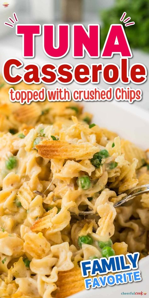 This is the best tuna noodle casserole! It's easy to make and perfect for weeknight dinners. Packed with flavor and topped with crunchy potato chips, it's a family favorite. Try this easy tuna casserole recipe tonight! #TunaNoodleCasserole #Easy #BestTunaCasserole #TunaCasseroleRecipes #NoodleCasseroleRecipes ♡ cheerfulcook.com Tuna Casserole With Potato Chips, Best Tuna Noodle Casserole, Light Suppers, Tuna Noodle Casserole Easy, Easy Tuna Casserole, Cozy Casseroles, Tuna Dinner, Best Tuna Casserole, Tuna Dinners