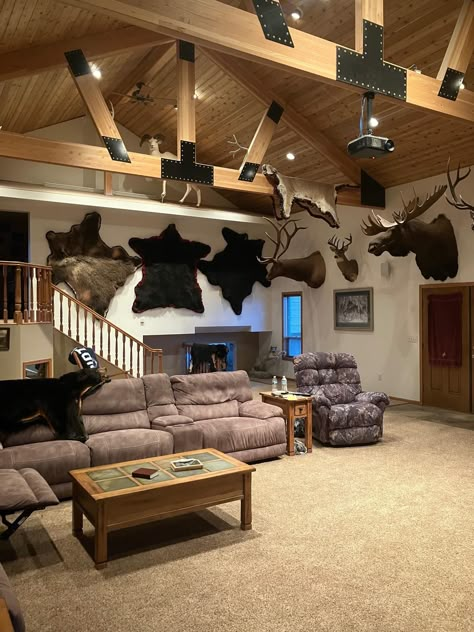 Western House Interior, Backyard Pub Shed, Hunting Trophy Room, Man Cave Study, Custom Stone Fireplace, Backyard Pub, Rustic Rooms, Barndo Plans, Western House