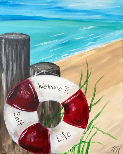 Beach Themed Paintings On Canvas Easy, Drawing Ideas Beach Scene, Florida Painting Ideas Easy, Easy Beach Scene Drawing, Summer Time Paintings, Beachy Easy Paintings, Summer Night Painting, Beach Theme Painting Ideas, Easy Painting Ideas On Canvas Beach