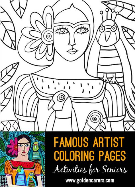 Artist Coloring Pages, Famous Art Coloring, Famous Artists For Kids, Art Deco Typography, Activities For Seniors, Images Pop Art, Easy Abstract Art, Famous Artists Paintings, Frida Kahlo Paintings