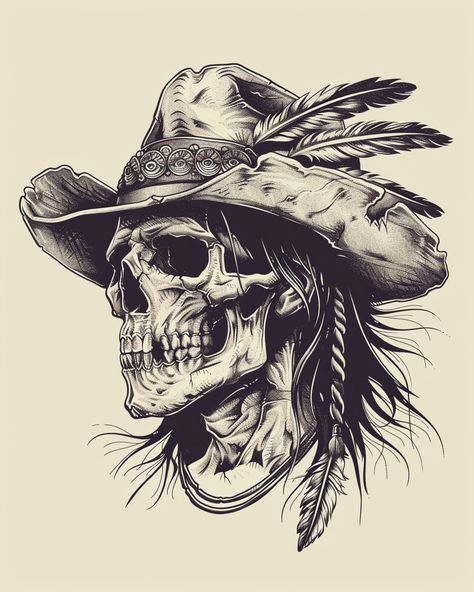 Country Tattoo Drawings, Beard Skull Tattoo, Western Skeleton Tattoos For Women, Western Shin Tattoo, Skull With Headdress Tattoo, Skull With Cowboy Hat Tattoo, Wild West Tattoo, Native American Tattoo Art, Cowboy Skull Tattoo