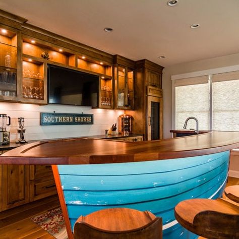 Custom Shiplap Boat Bar | OBX Kitchen and Bar by Cozy Kitchens Bar Made From Old Boat, Boat Coffee Shop, Boat Bar Design, Boat Countertops, Boat Bar Ideas, Wet Bar Inspiration, Shiplap Bar, Bar Ideas For Home, Lake Bar