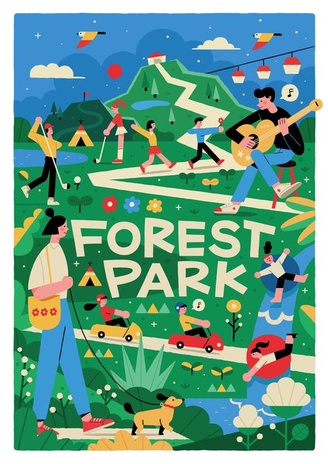 Pyeongchang phoenix resort spring illustraion on Behance Picnic Graphic Design, Resort Graphic Design, City Pop Illustration, Spring Graphic Design, Pamplet Design, Hiking Poster, Sketchy Style, Park Illustration, Illustrator Character