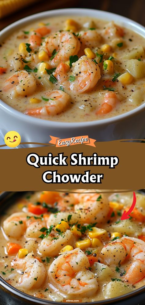 Dive into the creamy, comforting depths of this shrimp chowder, packed with tender shrimp and perfectly seasoned for a cozy meal. #ShrimpChowder #SeafoodSoup #ComfortFood Creamy Shrimp Chowder, Shrimp Soups And Stews, Shrimp Stew With Potatoes, Soups With Shrimp, Shrimp Potato Recipes, Sweet Corn And Shrimp Chowder, Seafood Soups And Chowders, Shrimp Soup Recipes Easy, Shrimp Chowder Recipe