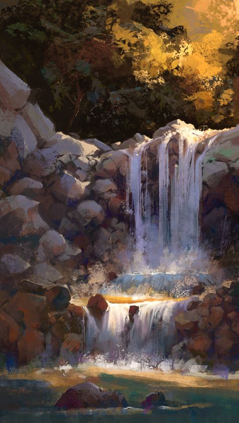 ArtStation - Waterfall Sketch, Tom Lopez Waterfall Sketch, Waterfall Drawing, Waterfall Paintings, Waterfall Art, Landscape Sketch, Waterfall Photography, Landscape Art Painting, Beautiful Locations Nature, Fantasy Art Landscapes