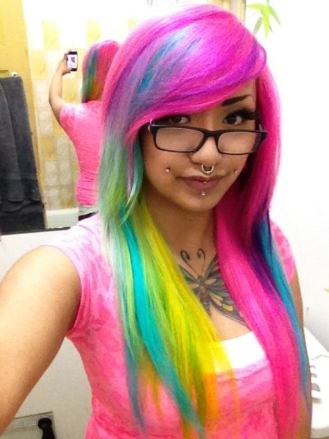 #color #hair #rainbow #multi Pink Emo Hair, Yellow And Blue Hair, Play With Hair, Emo Nails, Blue Hair Ideas, Barbie Girl Doll, Cool Hair Styles, Hairstyles And Colors, Neon Hair