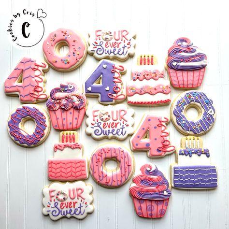 Fourth birthday cookies Fourever sweet cookies Four Ever Sweet Cookies, Fourever Sweet Birthday, 2 Year Birthday Theme, 2 Year Birthday Theme Girl, Fourever Sweet, Four Ever Sweet, Girl Birthday Themes, Sweet Birthday, Sweet Cake