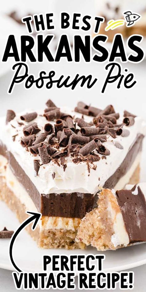 Deep Dish Pies Recipes, Possum Pie Recipe, Arkansas Possum Pie, Weeknight Desserts, Pecan Shortbread Crust, Freezer Pie, Possum Pie, Delight Dessert, Chocolate Pudding Desserts