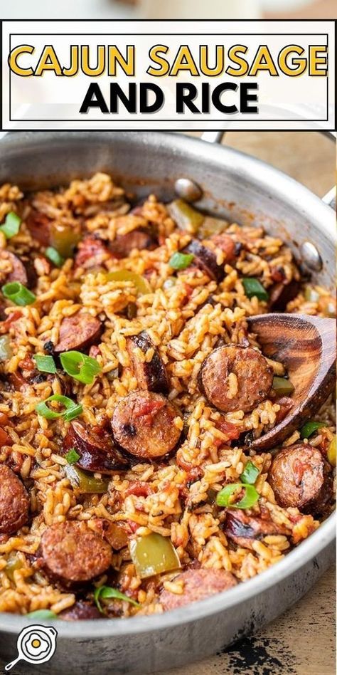 An easy recipe for cajun sausage and rice. This cajun sausage and rice skillet is a filling weeknight dinner, packed with plenty of smoky-spicy flavor! Cheesy Sausage Skillet, Smoked Sausage Gumbo, Cajun Sausage Skillet, Easy Cajun Rice Recipes, Dirty Rice And Sausage, Healthy Cajun Meals, Creole Sausage And Rice, Hillshire Farm Sausage Recipes Dinners, Cajun Chicken Sausage Rice