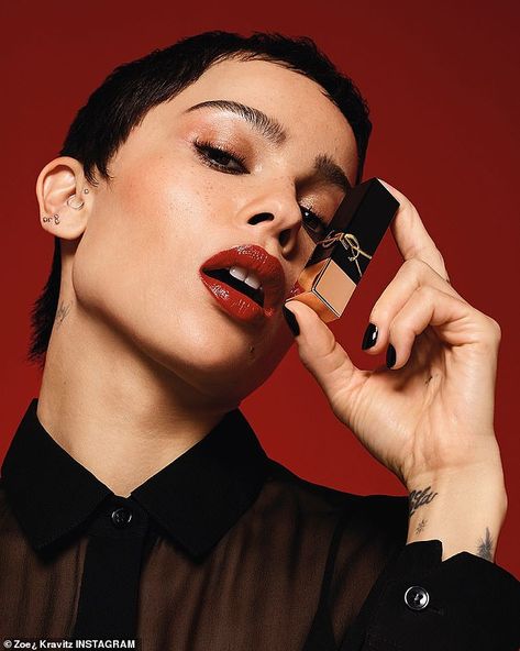 Glamorous: Zoe Kravitz showcased her flawless complexion in a new YSL Beauty campaign while rocking a glossy maroon lipstick across her plump pout Maroon Lipstick, Zoe Isabella Kravitz, Ysl Lip, Beauty Campaign, Makeup Jobs, Zoë Kravitz, Ysl Beauty, Zoe Kravitz, Beauty Lipstick