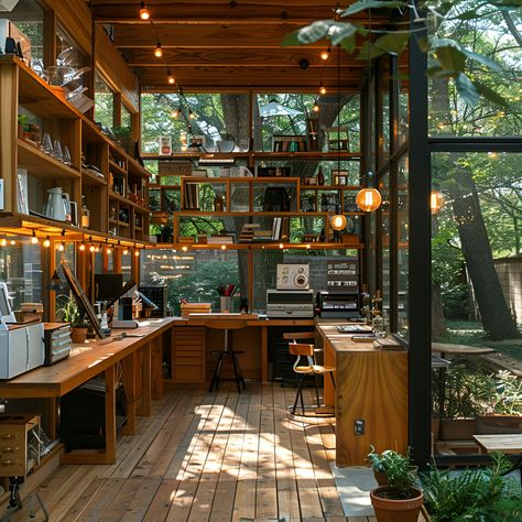 Workshop: Size, Functionality, Uses, Furniture And Renovation 27 Modern Garden Office, Solarium Office, Garden Art Studio, Workshop Space Design, Two Desks, Design With Nature, Backyard Art Studio, Large Glass Windows, Fire Lookout