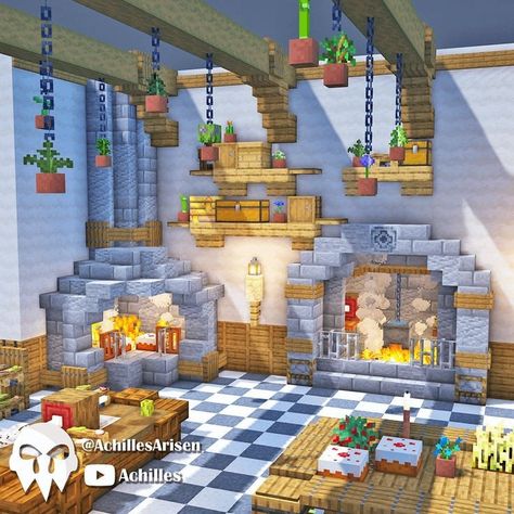 Minecraft Medieval Kitchen, Bakery Minecraft Ideas, Mc Interior Design, Minecraft Oven, Minecraft Smelting Room, Minecraft Butcher Shop, Minecraft Bakery, Minecraft Kitchen Design, Kitchen Minecraft