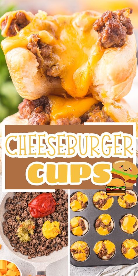 A graphic with several images on it of a recipe and a text box in the center. Hamburger Biscuit Cups, Chopped Cheeseburger Biscuits, Cheese Burger Cups, Biscuits For Dinner Meals, Cheeseburger Biscuit Cups, Cheeseburger Cups Muffin Tins, Dinners With Grands Biscuits, Cheeseburger Biscuit Casserole, Ground Beef And Biscuits Recipes