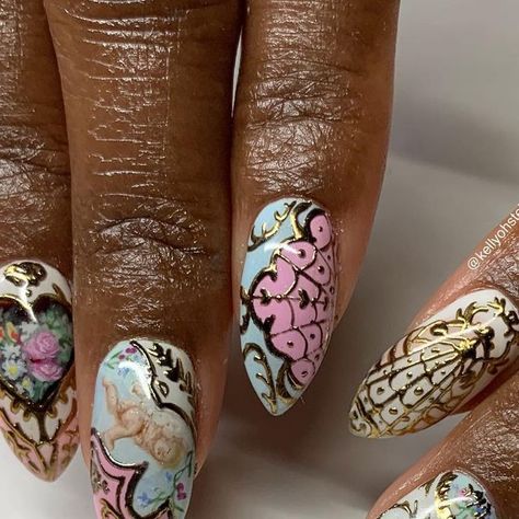 KELLY ORNSTEIN on Instagram: "Angel baby rococo nails 👼🏻 for @thepr3stige" Birthday Nails For 13, Angelic Nails Acrylic, Rococo Nail Art, Ruffle Nails, Victorian Nail Art, Angel Nails Acrylic, Angel Wing Nails, Marie Antoinette Nails, Bridgerton Nails Inspired