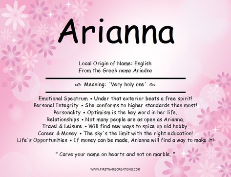 First Name Creations: Arianna Name Meaning Richard Name Meaning, Arianna Name, Personal Integrity, Greek Names, Middle English, Name Games, What Is Your Name, Name Meaning, True Feelings