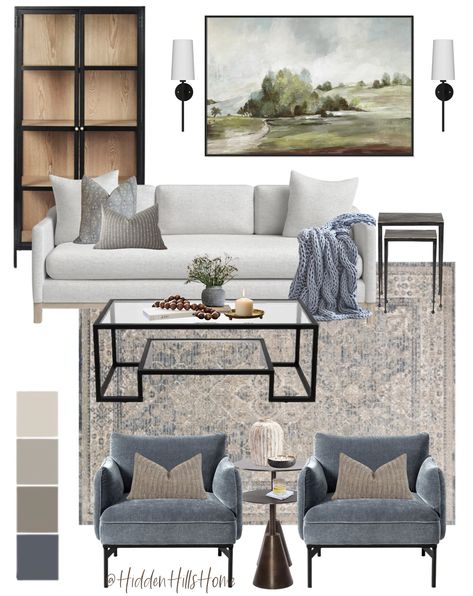 Blue Gray Rug Living Room, Living Room Cool Tones, Coastal Inspired Living Room, Grey Chairs Living Room, Neutral Blue Living Room, Apartment Living Room Sofas, L Shape Sofa Design, Shape Sofa Design, Sofa Design Living Rooms