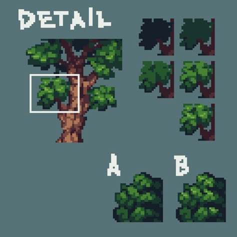 Leaves detail tutorial for pixel art trees Game Background Art, Pixel Art Landscape, Indie Game Art, Piskel Art, 8 Bit Art, Pixel Color, Pixel Art Tutorial, Pixel Drawing, Cool Pixel Art