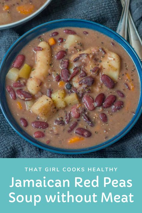 Jamaican Red Peas Soup Without Meat in a blue bowl. Jamaican Red Pea Soup Recipe, Soup Without Meat, Red Pea Soup, Red Peas Soup, Jamaican Soup, Kidney Bean Soup, Peas Soup, Stew Peas, Red Bean Soup