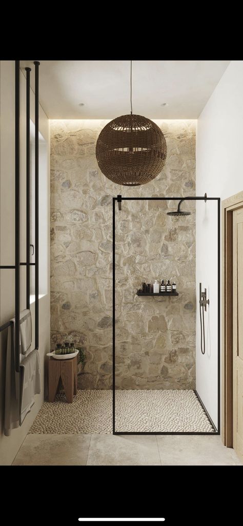 Stone Shower Walls, Rustic Boho Bathroom, Bathroom Eclectic, Stone Shower Floor, Stone Floor Bathroom, Natural Stone Bathroom, Stone Feature Wall, Bold Bohemian, Cozy Eclectic