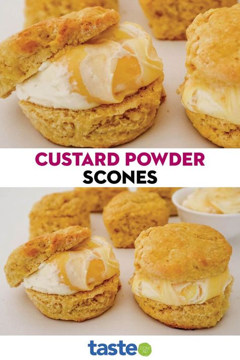 Is it possible to improve on a good old-fashioned scone? We think so! Custard powder in the dough adds subtle flavour, and sweet custard folded through the cream lifts it to the next level. Sweet Custard, Custard Powder, The Cream, High Tea, Custard, Scones, Next Level, Old Fashioned, Biscuits