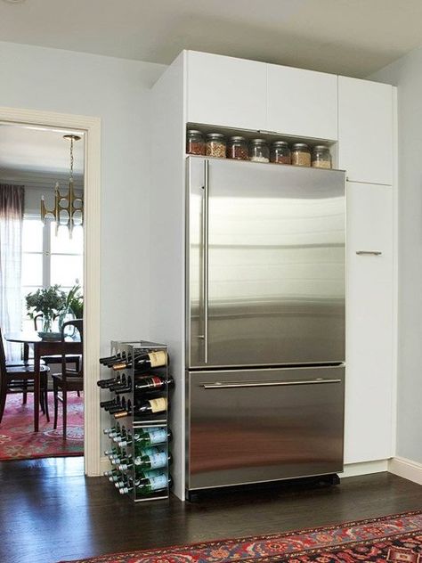 Ideas for Using that Awkward Space Above the Fridge // standing wine rack, rug in kitchen Space Above Fridge, Fridge Placement, Fridge Ideas, Small Condo Kitchen, Above Fridge, Above The Fridge, Kitchen Credenza, Kitchen Dining Room Combo, Kitchen Innovation