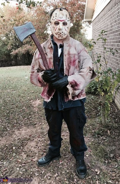 Jason Diy Costume, Scary Boy Halloween Costumes, Scary Kid Costumes, Jason Kids Costume, Diy Jason Costume, Scary Boys Halloween Costumes, Scary Costumes For Kids, Jason Voorhees Outfit, Jason Vorhees Costume