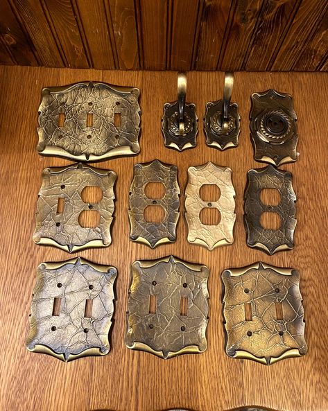 "Vintage brass light switch and outlet covers, designed by Amerock. Featuring a handsome leather-like texture in solid brass, circa the 1970s-80s. Please choose your quantity and style at checkout. Please note that they do not come with screws. CSA approved. They measure: Triple switch cover are 5.75 by 6.75\" across Double switch/outlet covers are 5.75\" by 4.75\" across Single switch/outlet covers are 5.75\" by 3.75\" across. Coat Hanger is approx. 4\" tall. Shipping out side of the continental USA, rural or eastern Canada can be more expensive and could be require additional payment. You can send me your shipping address in advanced for a quote. Please Note: The items I sell are not new, they are vintage or antiques, it goes without saying that there maybe some imperfections which I wil Vintage Lightswitch Cover, Antique Light Switch Covers, Brass Light Switch Covers, Vintage Outlet Covers, Brass Outlet Covers, Brass Light Switch, Vintage Light Switches, Outlet Plates, Brass Light