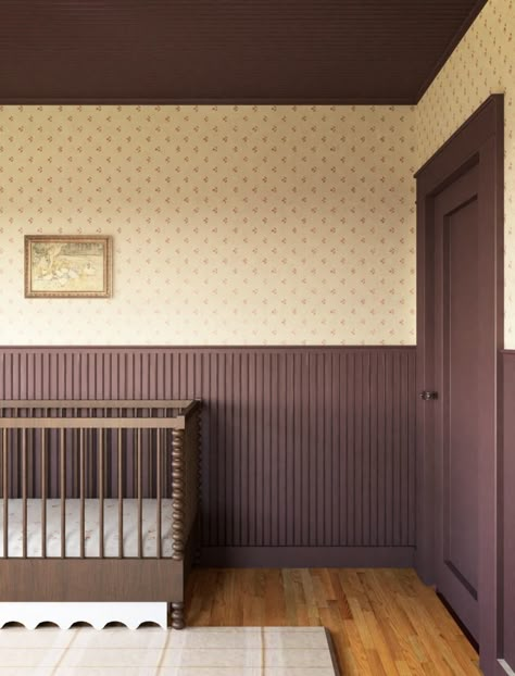 Baby Room Wallpaper and Paint Color Combos for the Cozy Cottage – Box + Barrow Wallpaper Paint Combo, Maroon Nursery, Paint Pairings, Baby Room Wallpaper, Willow Wallpaper, Wallpaper And Paint, Nursery Nook, Paint Color Combos, Cottage Wallpaper