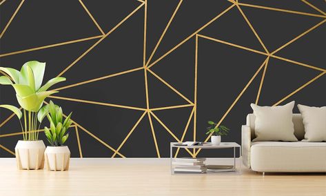 Gold Geometric Wallpaper Gold Strip Mural Black Wallpaper - Etsy UK Gold Striped Walls, Zig Zag Wall, Gold Geometric Wallpaper, Dark Grey Wallpaper, Tapete Gold, Wallpaper Gold, Stripe Wall, Gold Certificate, Gold Wallpaper