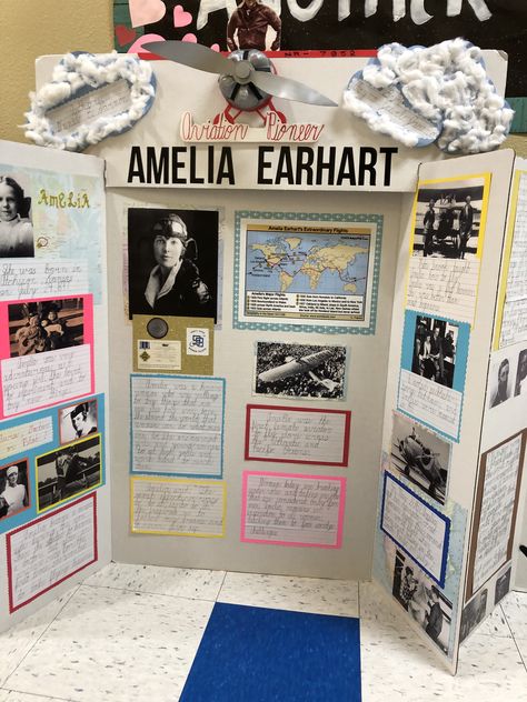 Trifold History Project, Poster Board Ideas School Project Famous Person, Trifold Poster Board Ideas History, Wax Museum Trifold Boards, History Fair Board Layout, History Tri Fold Board Ideas, Cool Project Ideas For School, Creative Tri Fold Board Ideas, Amelia Earhart Poster Project