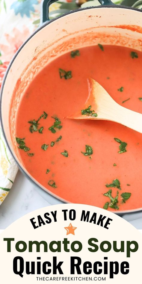 This Quick Tomato Soup Recipe is full of flavor and can be made in just about 20 minutes. Loaded with tomatoes and basil, it’s the perfect soup to serve with a grilled cheese sandwich on a chilly day. Easy Tomato Basil Soup, Quick Tomato Soup, Tomato Soup Recipe, Quick Chicken Recipes, Basil Soup, Tomato Basil Soup, Healthy Recipes Easy, Best Recipes Ever, Tomato Soup Recipes