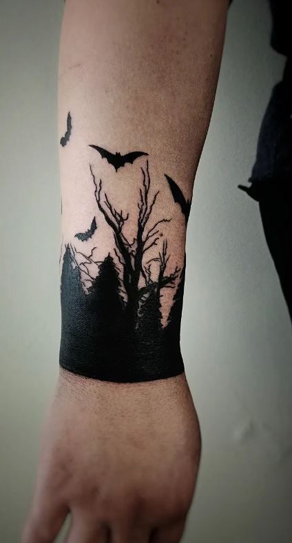 Spiderweb Bat Tattoo, Dark Wrist Tattoos For Women, Elbow Bat Tattoo, Bat Cover Up Tattoo, Tat Cover Up Ideas, Spooky Cover Up Tattoos, Spooky Wrist Tattoo, Goth Cover Up Tattoo, Halloween Shoulder Tattoo