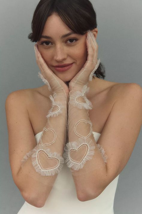 Enaura Beaded Ruffle Tulle Heart Gloves | Anthropologie Unique Bridal Accessories, Yeehaw Wedding, Heart Gloves, Valentine Aesthetic, Therapy Thoughts, Sheer Gloves, Valley Green, Bhldn Wedding, December 01